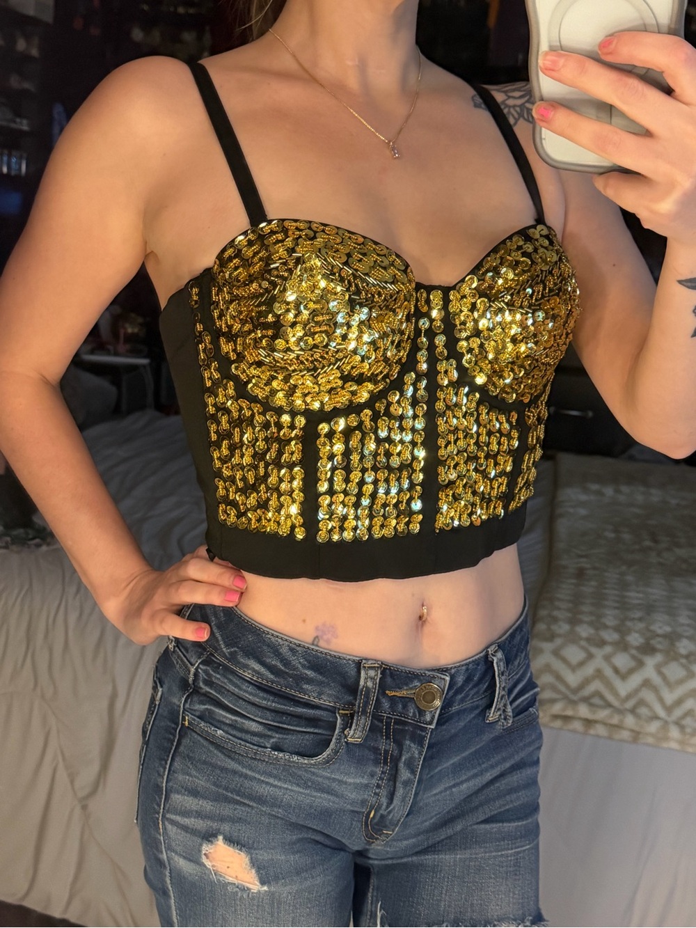 Black Sequin Bustier Crop Top with Gold Embellishment